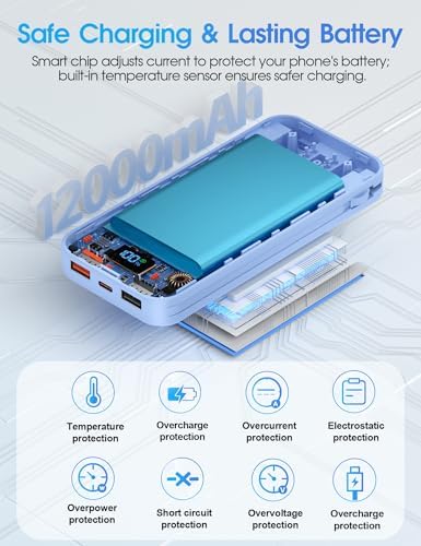 Ultra-Compact 12000 m Ah Power Bank with Built-in Charging Cables & AC Plug – 20 W PD Fast Charging for i Phone, Samsung, Android, USB-C Devices – Travel-Friendly External Battery Pack in Purple – Unmatched Portability and Efficiency for On-the-Go Charging Solutions