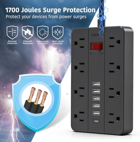 Compact Surge Protector Power Strip with 8 Outlets & 6 USB Ports – AOFO 5 ft Flat Extension Cord for Travel, Office & Dorm – Durable Design with USB-C Fast Charging, Enhanced Safety & Space Efficiency