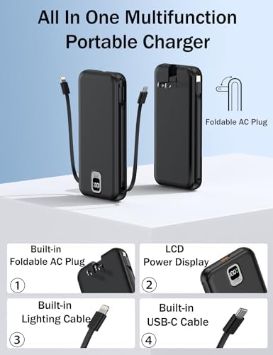 Ultra-Compact 10,000 m Ah Portable Charger with Integrated Cables & AC Plug – Fast Charging Power Bank for i Phone, Samsung, and Android Devices – QC 22.5 W & PD 20 W Travel Essential with Sleek Design for Maximum Convenience and Reliability