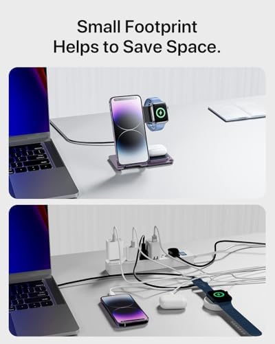 2024 Enhanced 3-in-1 Wireless Charging Station for Apple Devices – Fast Charging Dock for i Phone 16/15/14/13/12/11, Apple Watch, and Air Pods in Stylish Purple – Ultimate Multi-Device Charging Solution with Safety Features and Sleek Design
