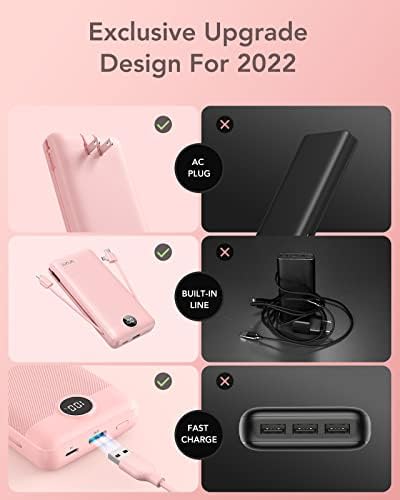 VRURC 20000 m Ah Pink Portable Charger – Fast Charging Power Bank with Built-in Wall Plug & Cables, LED Display, 4 Outputs & Dual Inputs for Effortless Travel Charging Solutions, Ideal for Busy Lifestyles and Enhanced Device Compatibility