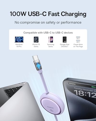 Baseus 100 W Retractable USB-C to USB-C Charging Cable – Versatile 6.6 ft Length with 7 Adjustable Stages for High-Speed Charging of i Phone 16/15 Pro Plus, Mac Book, i Pad Pro, Samsung S24/S23+ – Durable, Tangle-Free Solution for Home and Travel Charging Needs