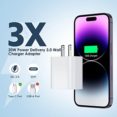 Ultra-Fast 20 W USB-C Wall Charger Block for i Phone 16/15 – 3-Pack Super Charging Adapter for i Phone, i Pad & Air Pods – Compact PD Type C Power Delivery Solution with Enhanced Compatibility & Safety Features