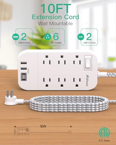 10 FT Flat Plug Power Strip with 6 Outlets and 4 USB Ports – Overload Protection Surge Protector for Home & Office – Versatile Wall Mount Desktop Charging Station for Efficient Power Management and Fast Device Charging