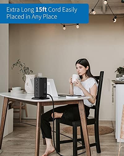 10 ft NTONPOWER Power Strip Tower with 8 Outlets & 5 USB Ports – Premium Surge Protector with Individual Switches, 1080 Joules Protection, 13 A Circuit Breaker – Ideal for Home Office & Entertainment Setup, Sleek Black Design for Ultimate Convenience