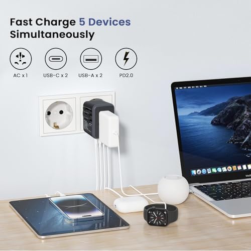 Ultra-Compact Ga N Travel Adapter with 20 W PD Fast Charging | 5-in-1 Universal Power Converter Featuring Dual USB-C & USB-A Ports for Global Compatibility in 200+ Countries – Lightweight & Efficient Travel Solution for Modern Explorers