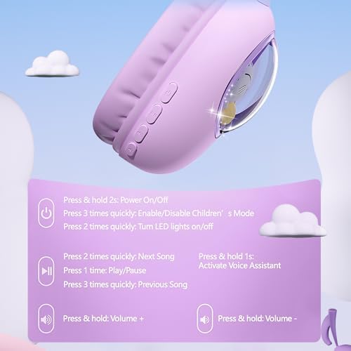 Bluetooth Cat Ear Kids Headphones – Wireless & Wired Over-Ear Noise Cancelling with Microphone, LED Lights, 85 d B Volume Limit for Safe Listening – Ideal for Travel & Home Use, Ultimate Comfort & Compatibility