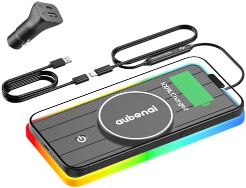 Aubenai 15 W Magnetic Wireless Car Charger Pad with RGB Lighting – Fast, Non-Slip Charging Mat Compatible with Mag Safe i Phone 16/15/14/13/12, Includes 70 cm USB-A Extension Cable for Enhanced Compatibility and Installation Flexibility