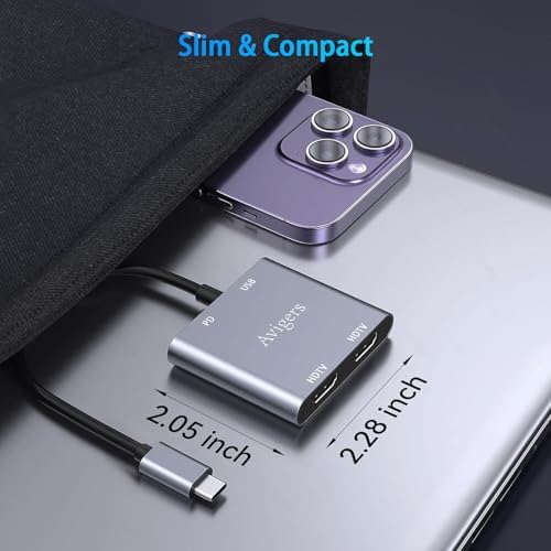 Elevate Your Setup with the Avigers USB C to Dual HDMI Adapter – 4 in 1 Multi-Display Hub for Seamless 4 K Productivity and Gaming, Features 2 HDMI Outputs, PD Charging Port, and USB 3.0 for Lightning-Fast Data Transfer – Lightweight, Portable Design for On-the-Go Professionals and Gamers