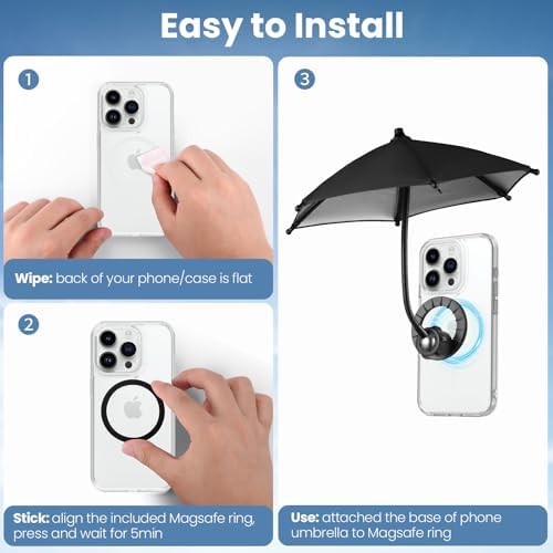 OUTXE Magnetic Phone Umbrella, Universal Mini Tanning Sun Shade Cover Compatible with Magsafe Cell iPhone/Android/iPad/Kindle (Black) – Enhanced Compatibility and Speed