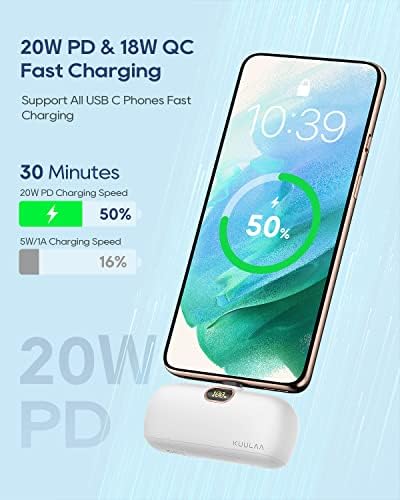 Kuulaa 5000 m Ah USB-C Power Bank with Built-in Plug – PD20 W Fast Charging Battery Pack for i Phone 15/16, Samsung S22/S23 & Android Devices – Compact Design with LCD Display for On-the-Go Convenience and Enhanced Compatibility