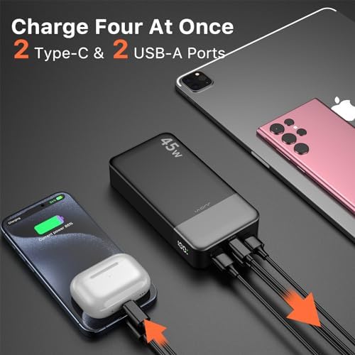 High-Capacity 20000 m Ah Portable Power Bank with 45 W Fast Charging – PD3.0 & QC4.0 Compatible Charger for i Phone 15, Galaxy, Mac Book, and More – Stylish Blue Design with LED Battery Indicator for Ultimate Convenience and Versatility