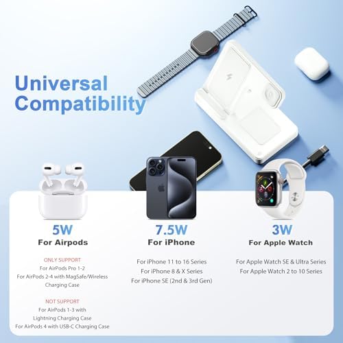 Portable 3-in-1 Wireless Charging Station: Qi Fast Charger Stand for i Phone 12-16 Pro Max, Apple Watch Series 10-2, Ultra & SE, Air Pods Pro 2-4 – Foldable Travel Design for Effortless Charging & Stylish Organization (White)