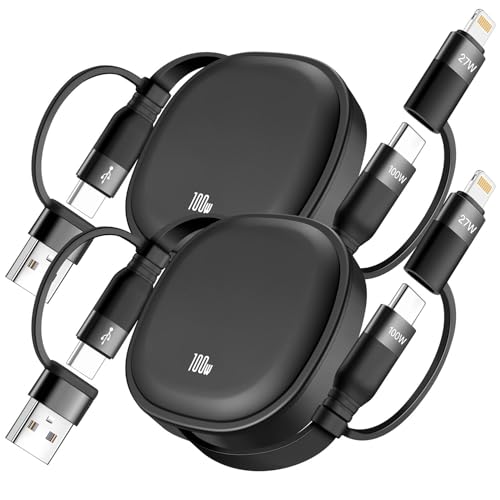 Versatile 5-in-1 Retractable USB Type C Charging Cable – 100 W Fast Charge, 2-Pack Multi-Connector Cord for i Phone, Samsung Galaxy, Mac Book & Tablets – Tangle-Free 3.86 ft Travel Cable with Enhanced Durability and Compatibility