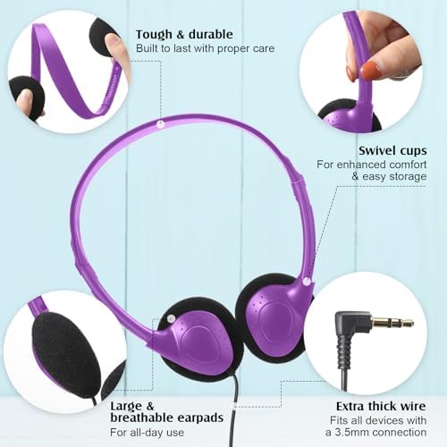 Flutesan 20 Pack Wired On-Ear Headphones – Durable Purple Classroom Headset for Students & Educators, Adjustable Comfort, Enhanced Device Compatibility, Ideal for Group Learning & Individual Study Sessions