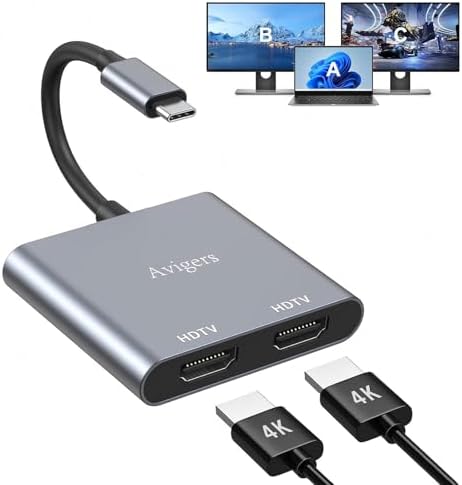 Elevate Your Setup with the Avigers USB C to Dual HDMI Adapter – 4 in 1 Multi-Display Hub for Seamless 4 K Productivity and Gaming, Features 2 HDMI Outputs, PD Charging Port, and USB 3.0 for Lightning-Fast Data Transfer – Lightweight, Portable Design for On-the-Go Professionals and Gamers