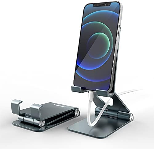 TOPGO Adjustable Cell Phone Stand, [Fully Foldable & Wide Compatibility] Desktop Stand Holder with Charging Port for iPhone, iPad, Kindle, Tablets, Switch – Silver – Enhanced Compatibility and Speed