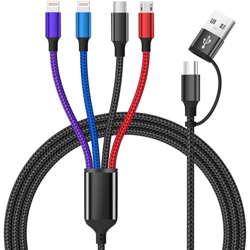 Versatile 4-in-1 Nylon Braided Charging Cable – 2 Pack, 5 FT Length, Fast Charging Universal USB Cable for Lightning, USB-C, and Micro USB Devices, Optimized for High-Speed Connectivity and Enhanced Durability, Ideal for Phones, Tablets, and More