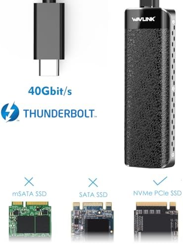 WAVLINK 40 Gbps NVMe M.2 Enclosure for Thunderbolt 4/3 & USB 4 – High-Speed SSD Storage Solution for Mac & Windows, Compatible with M Key/B+M Key 2280 SSDs, Includes Heatsink for Optimal Cooling & 50 cm Cable, Supports Up to 4 TB Capacity for Efficient Data Management