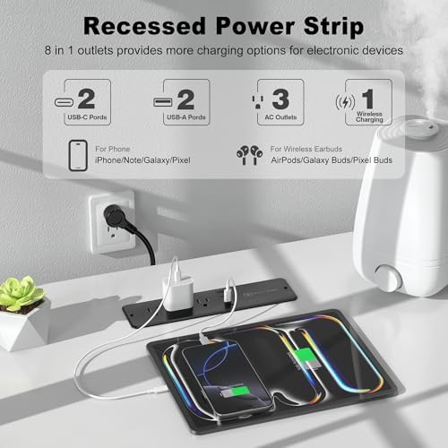 Revolutionary 8-in-1 Recessed Power Strip with 15 W Wireless Charger & 20 W Fast Charging – Ultimate Furniture Charging Station Featuring 3 AC Outlets & 4 USB Ports, Flush Mount Design, 10 FT Cord for Flexible Setup – Perfect for Home and Office Organization