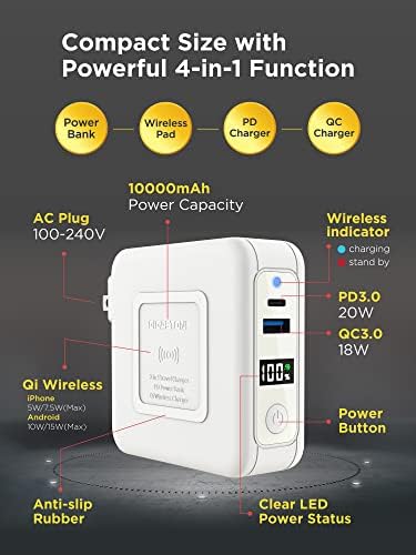 Gigastone 10,000 m Ah 3-in-1 Qi Wireless PD Power Bank with AC Plug – Fast Charging Solutions for i Phone & Android – USB-C PD 20 W, USB-A QC3.0 18 W, Qi 15 W Compatibility – Global Voltage for International Use – Sleek & Portable Design for On-the-Go Charging
