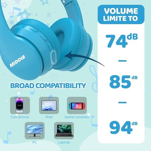 Experience Ultimate Sound Safety with MIDOLA Bluetooth 5.3 Over-Ear Headphones for Kids – Wireless Audio Bliss with Volume Control (85/110 d B), 60-Hour Playtime, and Foldable Design in Trendy Blue – Perfect for School, Travel, and Home Adventures!