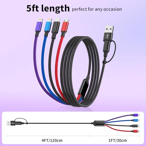 Versatile 4-in-1 Nylon Braided Charging Cable – 2 Pack, 5 FT Length, Fast Charging Universal USB Cable for Lightning, USB-C, and Micro USB Devices, Optimized for High-Speed Connectivity and Enhanced Durability, Ideal for Phones, Tablets, and More
