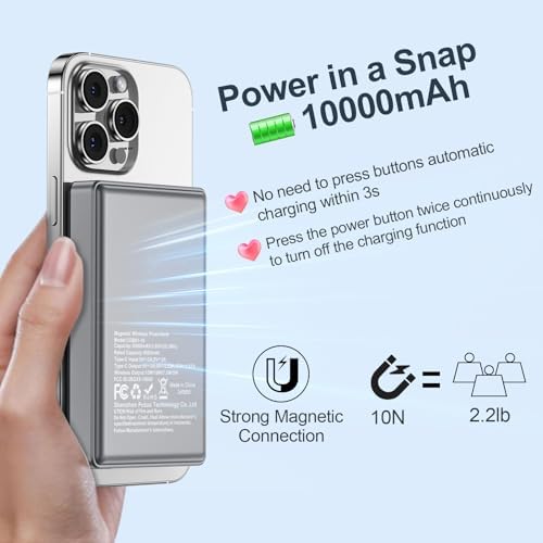 Magnetic Wireless Power Bank 10000 m Ah – Fast Charging Portable Charger for Samsung Galaxy S25/S24/S23/S22/S21 & Google Pixel 9 Pro/8/8 a – 20 W USB-C Battery Pack with Enhanced Magnetic Alignment for Hassle-Free Charging Anytime, Anywhere