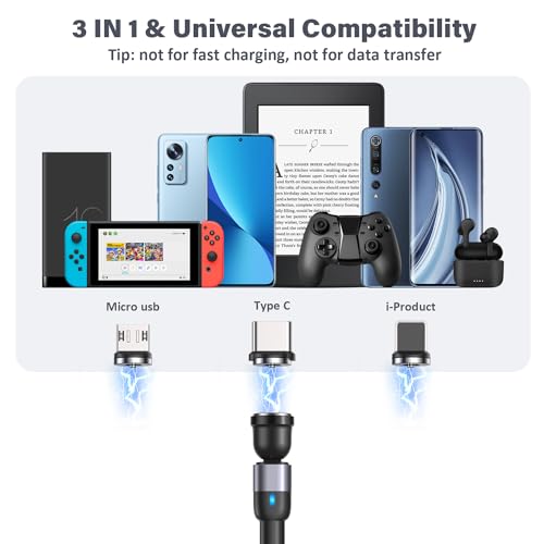 Revolutionary 3-in-1 Magnetic Charging Cable Set – 4 Pack with 540° Rotating Magnet (3.3 ft, 6.6 ft, 6.6 ft, 10 ft) – Durable Nylon Braided USB Cables Compatible with Micro, Type C, and i Phone Devices for Fast, Hassle-Free Charging and Ultimate Convenience