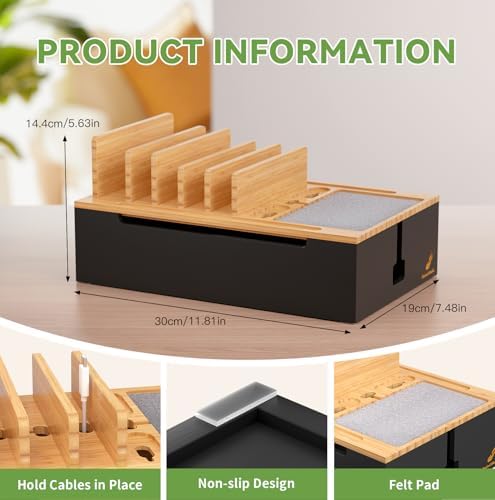 Pezin & Hulin Eco-Friendly Bamboo Charging Station – 10-Port USB Dock Organizer with 6 Cables, Enhanced Power Supply & Cable Management for Multi-Device Charging, Sleek Natural and Black Design for Homes and Offices