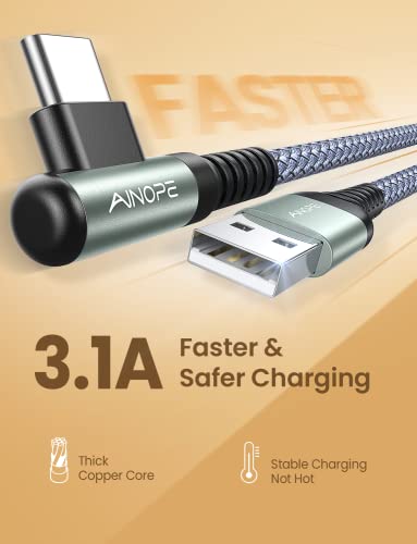 AINOPE Right Angle USB C Cable – 2-Pack (10 ft + 10 ft) Fast Charging 3.1 A Nylon Braided Charger for Enhanced Device Compatibility, Ideal for Gaming and Multitasking, Durable Black Design