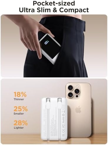 Aioneus 10000 m Ah Portable Charger with Dual Built-in Cables – High-Speed 22.5 W USB-C Power Bank for i Phone 16/15 and Samsung Galaxy S24/S10 e – All-in-One Travel Battery Pack with Intelligent LED Display and Automatic Power Off for Enhanced Device Safety and Compatibility