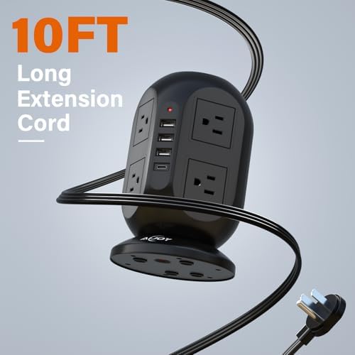 Compact Surge Protector Power Strip Tower with 8 AC Outlets & 4 Fast-Charging USB Ports (1 USB-C) – Aioy 10 FT Flat Plug Extension Cord for Organized Home & Office Use, Black – Ultimate Device Charging Solution for Efficiency and Safety
