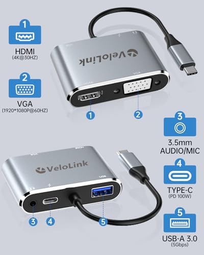 Revolutionize Your Workspace with VELOLINK 5-in-1 USB-C Hub: High-Speed Multi-Port Adapter with HDMI, VGA, USB 3.0, 3.5 mm Audio & 100 W Power Delivery for Effortless Connectivity and Enhanced Productivity