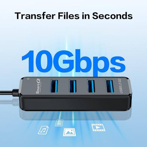 Smart Q H302 USB 3.0 Hub – 4-Port Connectivity Solution with Long Cable Options for Seamless Data Transfer up to 5 Gbps, Micro-B Charging for All Devices, Includes USB C Adapter – Boost Your Productivity & Versatile Workspace Efficiency