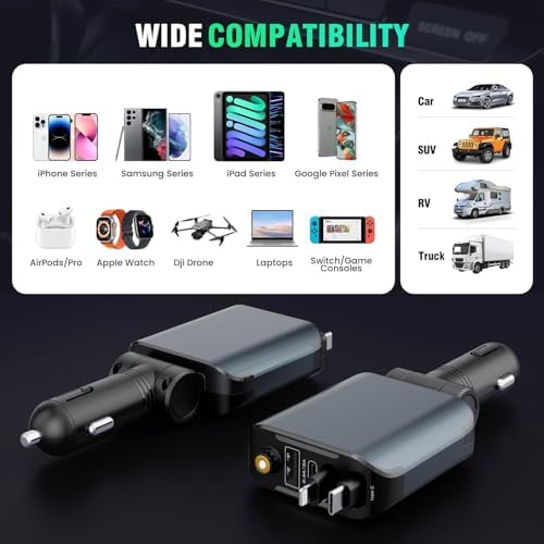 Transform Your Charging Routine with the 4-in-1 Retractable Car Charger Featuring Starlight Glow – 120 W USB-C Fast Charger Compatible with i Phone 16/15/14/13/12/11 and Android Devices, Tangle-Free Design for Effortless Use, Perfect Valentine’s Gift for Him or Her in Sleek Dark Grey