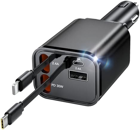 Ultimate Retractable Car Charger for i Phone 16 – 4-in-1 Fast Charging Solution with 60 W Power, Dual USB Ports, and Tangle-Free Cable for i Phone 15, 14, 13, and 12 – Perfect for On-the-Go Convenience and Enhanced Compatibility