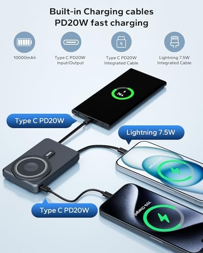 Ultimate 5-in-1 Mag Safe Portable Charger – 10,000 m Ah Wireless Magnetic Power Bank for Apple Devices – Fast Charging Battery Pack with Built-in Stand for i Phone 16 Pro Max/15/14/13 Mini & Apple Watch – Sleek Black Design for On-the-Go Power Solutions