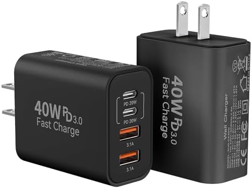 Ultimate 40 W Multiport USB-C Fast Charger – High-Efficiency 4-Port Power Adapter with Quick Charge 3.0 & Power Delivery for Super-Fast Device Charging – Sleek, Portable Design Perfect for Travel – Convenient 2-Pack for Enhanced Versatility and Easy Charging on the Go