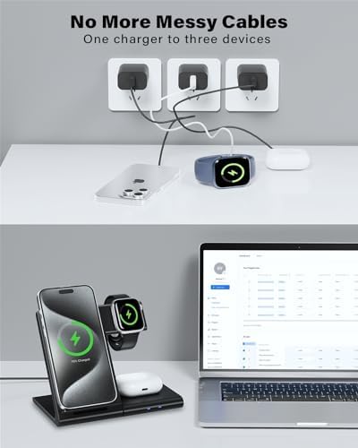 Revolutionize Your Charging Experience with the Ultimate 3-in-1 Foldable Wireless Charger for i Phone, Apple Watch & Air Pods – Fast, Portable Power Solution for i Phone 16, 15, 14, 13 Pro Max Plus, Apple Watch Series 10-2 & Air Pods Pro 4, 3, 2 – Streamline Your Tech Life Today!
