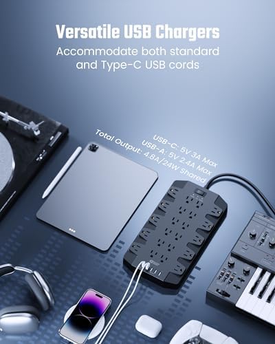 SUPERDANNY 22-Outlet Surge Protector Power Strip with 6.5 Ft Cord, 2 USB-C & 4 USB Ports – High-Capacity 1875 W/15 A with 2100 J Surge Protection for Home, Office, and Dorm Use – Wall Mount Design for Space-Saving Convenience