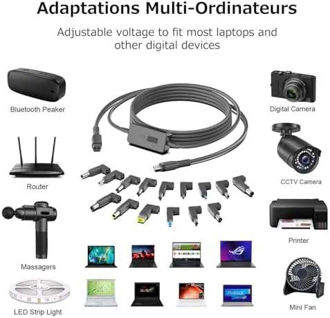 Advanced Multi-Voltage USB-C to DC Charging Adapter with 15 Connector Options and Real-Time LED Voltage Display – Safe and Versatile Power Solution for Laptops, Tablets, Cameras, and More – Supports 36 W to 100 W Outputs for Maximum Compatibility Across Devices from Dell, Lenovo, HP, ASUS, and More – Ideal for Home, Office, and Travel with 1.2 m Cable Length and 3-Year Warranty for Peace of Mind