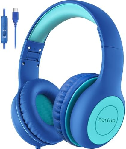 Kid-Friendly Foldable Wired Headphones with Microphone – Volume Limiting Safety (85/94 d B) for Hearing Protection, Share Port for Collaborative Audio, Ideal for Tablets, PCs, and School Use – Enhanced Type C Compatibility for Optimal Sound Quality and Comfort