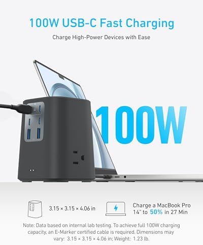Ultimate 9-in-1 Anker Charging Station (100 W) – High-Speed USB-C Power Strip with 300 J Surge Protection, 3 AC Outlets, 4 USB-C & 2 USB-A Ports, 5 ft Flat Cable for Home & Office – Maximize Device Compatibility and Safety