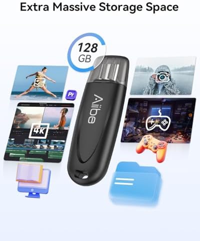 Aiibe 128 GB High-Speed USB 3.2 Type-C Flash Drive – Ultra-Slim Portable Memory Stick for Effortless Data Storage on Mac Book, Laptops, Smartphones, Tablets & i Phone 16 – Lightning-Fast 450 MB/s Transfer Speed, Ideal for Students & Professionals