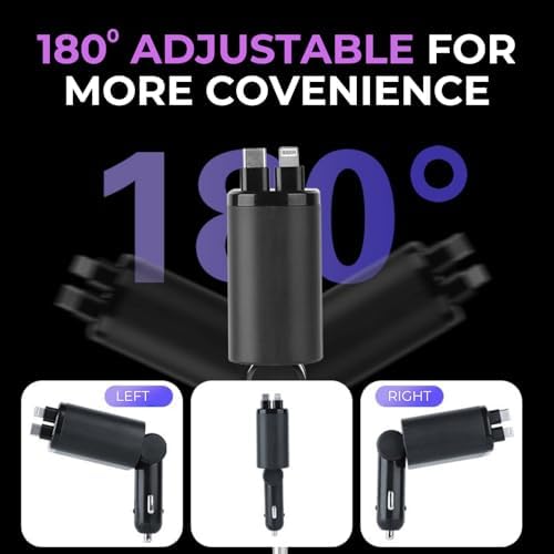 Revolutionize Your Road Trips with the Retractable 4-in-1 Fast Car Charger – Dual Retractable Cords (Type C + i OS) and 2 USB Ports for Multi-Device Power | RGB Starlight Design for Enhanced Aesthetics | High-Speed Charging Compatibility for Android & i Phone Models – Charge Up to 4 Devices Simultaneously
