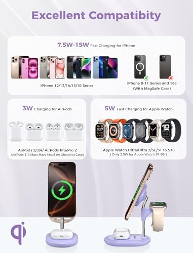 All-in-One Wireless Charging Station for Apple Devices – 15 W Fast Qi-Certified Mag-Safe Charger for i Phone 16, 15, 14, 13, 12, Apple Watch & Air Pods – Adjustable Viewing Angle, Ideal Gift for Women – Enhance Your Charging Efficiency and Style
