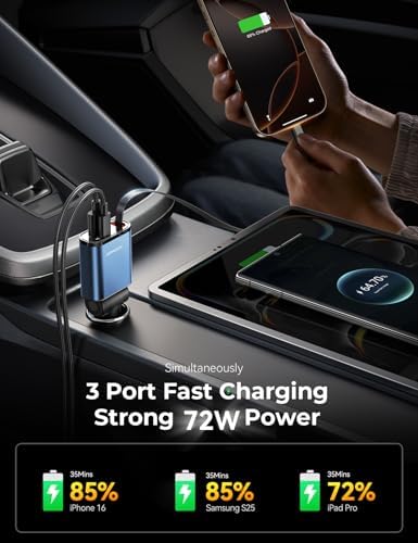Ultra-Compact 72 W Retractable Car Charger – PD 45 W Fast Charging for i Phone 15/16, Samsung S25/S24 & Pixel – Space-Saving USB C Adapter for Convenient On-the-Go Power Solutions