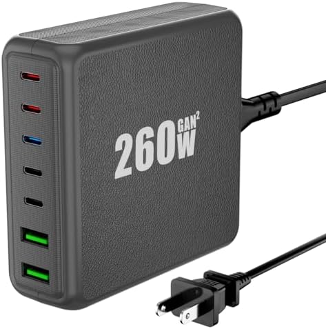 260 W 7-Port USB-C Charging Hub – High-Efficiency Dual 65 W Charger for Mac Book Pro/Air & i Phone 14/13 Series – Smart Power Distribution & Compact Design for Home, Office, and Travel Use – Versatile Fast Charging Station with GAN Technology for All Your Devices