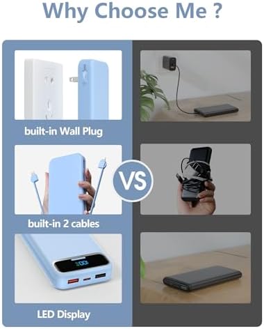 12000 m Ah Ultra-Light Portable Power Bank with Built-In Cables & AC Wall Plug – PD20 W USB-C Fast Charging for i Phone, Samsung & Android – LED Display for Battery Monitoring – Ultimate Travel Companion for Quick Device Recharging